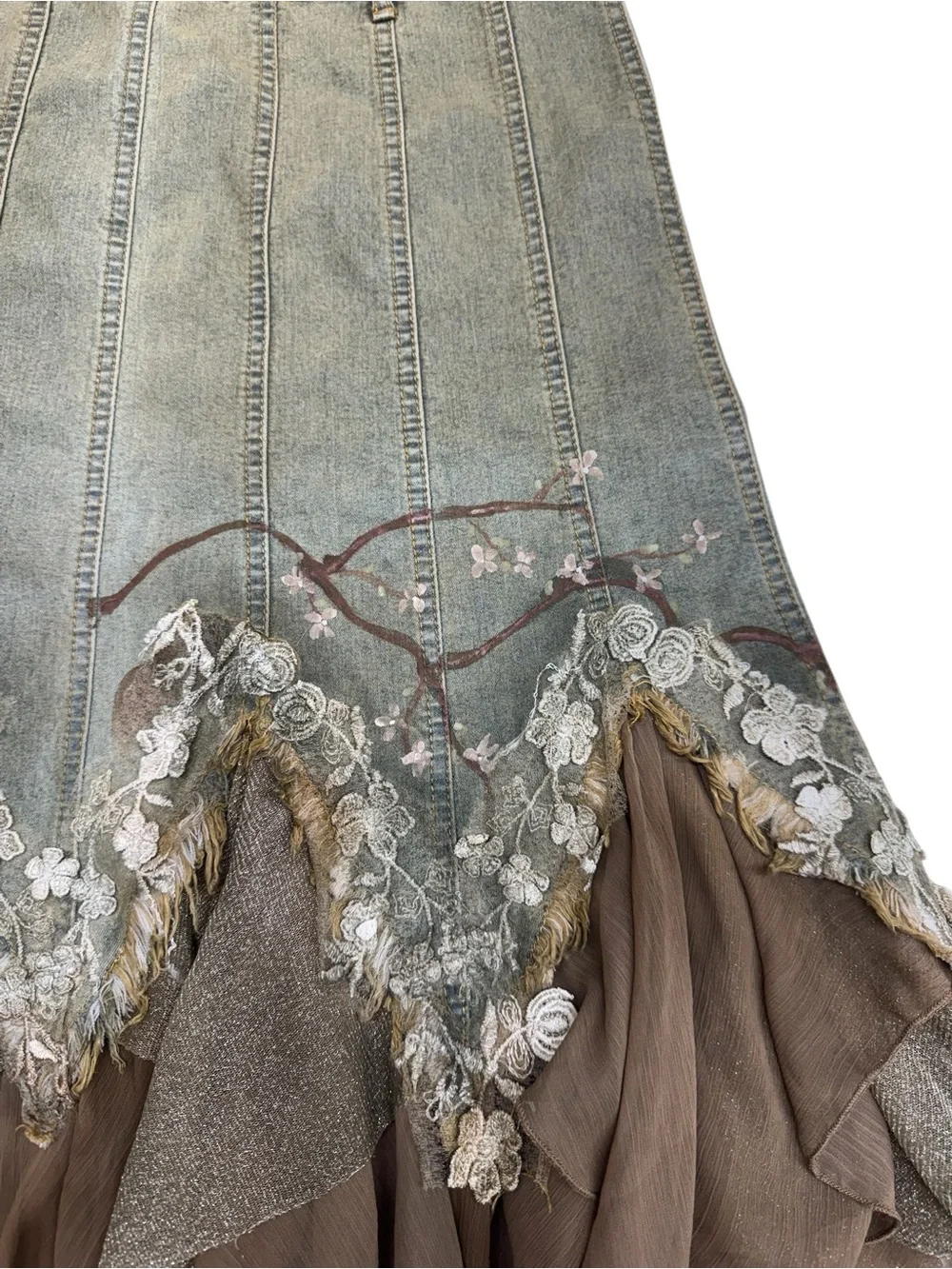 Layered Olive Green Asymmetrical Boho Midi Skirt - Picture 6 of 12